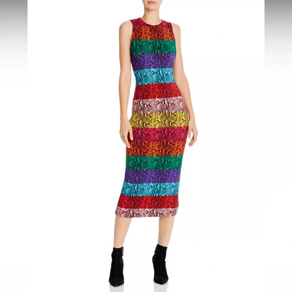ALICE + OLIVIA NWOT Delora Rainbow Snake Print Midi Dress - Picture 1 of 10